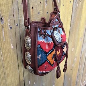 H. Ravi Dallas Vintage Leather Southwest Tapestry Bucket Bag Concho Boho Western